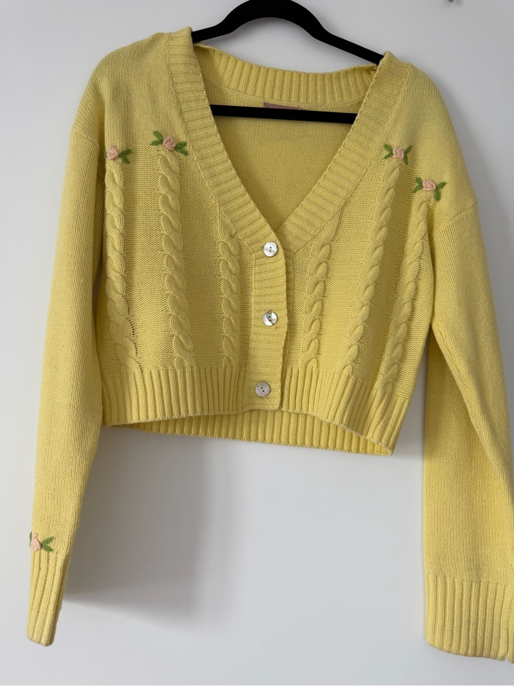 Yellow V-Neck Cable Knit Cropped Sweater Cardigan